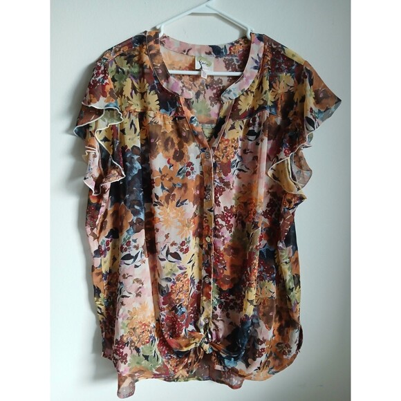 Fig and Flower Top Womens 2X  Lightweight Sheer Button Up Blouse - Picture 2 of 10